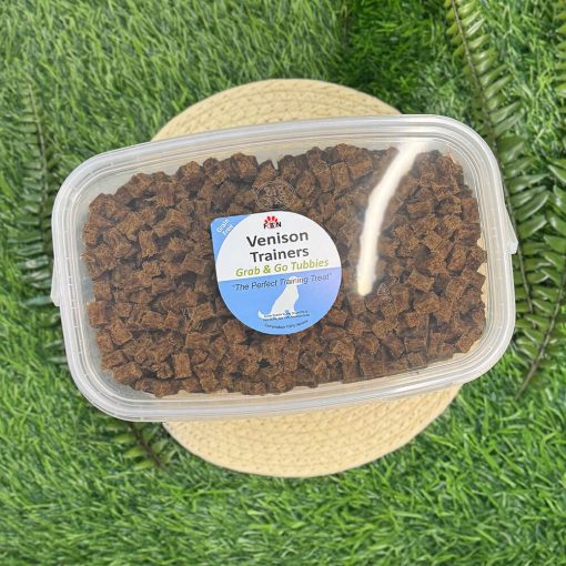 A tub of natural grain free dog training treats with venison