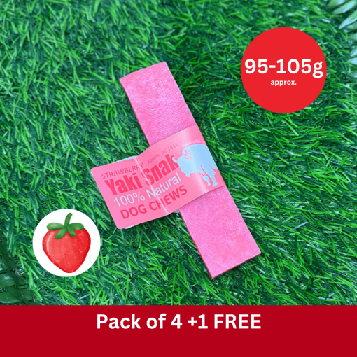 A multipack of natural long lasting dog chew bars made from yak milk and strawberry