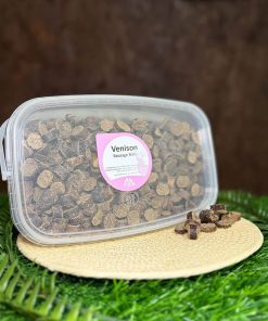 A tub of natural grain free venison sausage bite dog treats