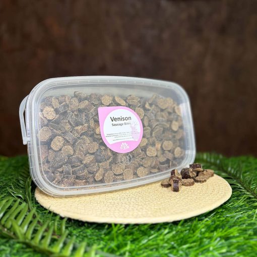 A tub of natural grain free venison sausage bite dog treats