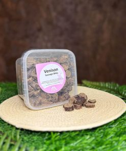 A tub of natural grain free venison sausage bite dog treats